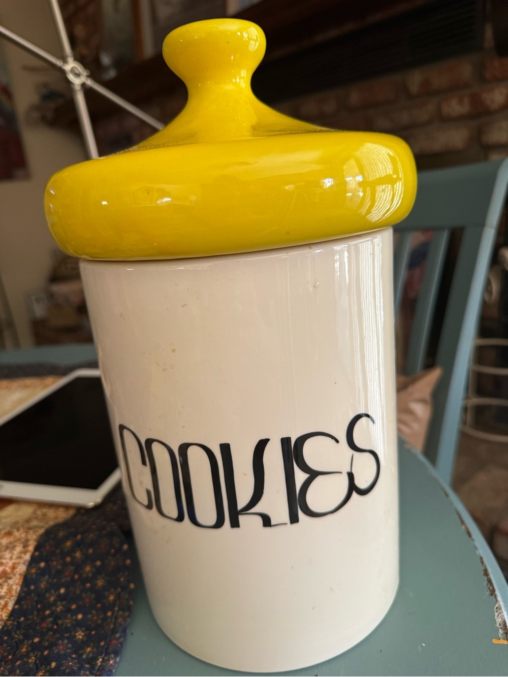 Cookie Canister with Yellow Lid - White Ceramic Cookie Jar